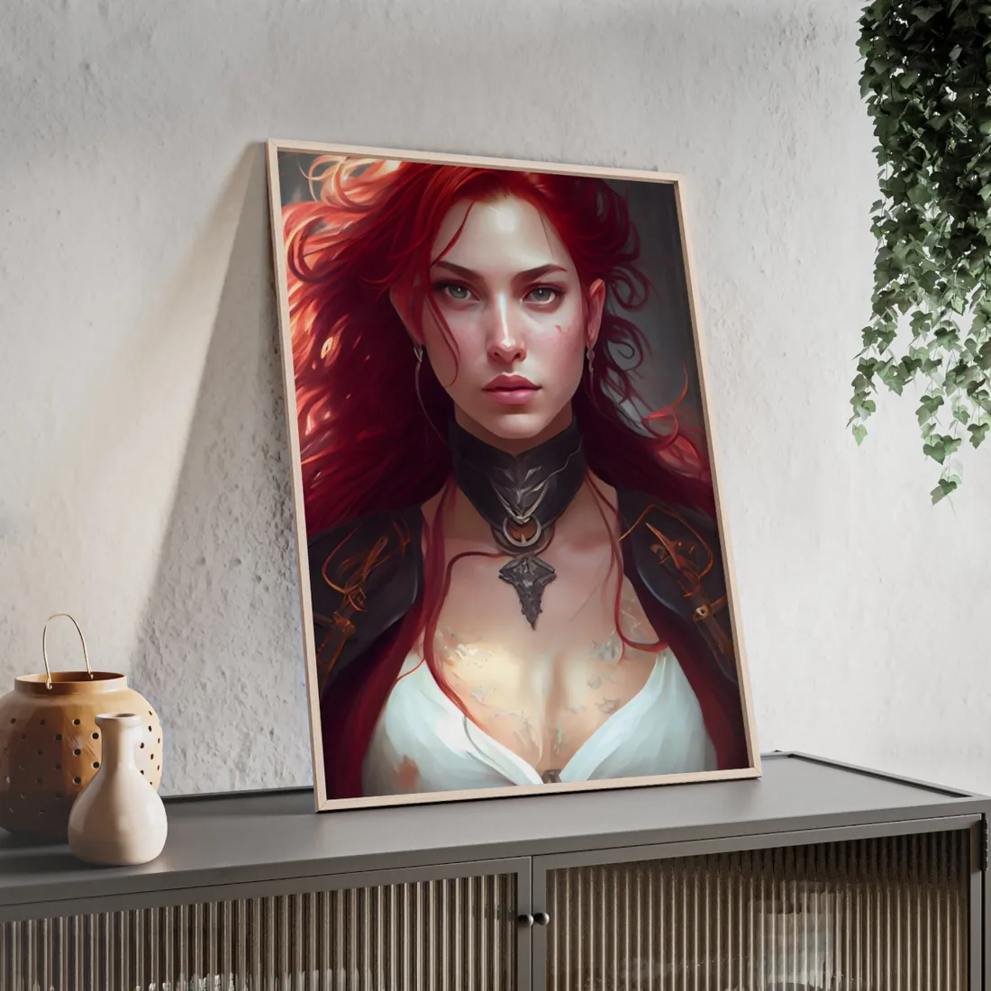 Red Hair Beauty: Elegant Woman in Black - Framed Poster