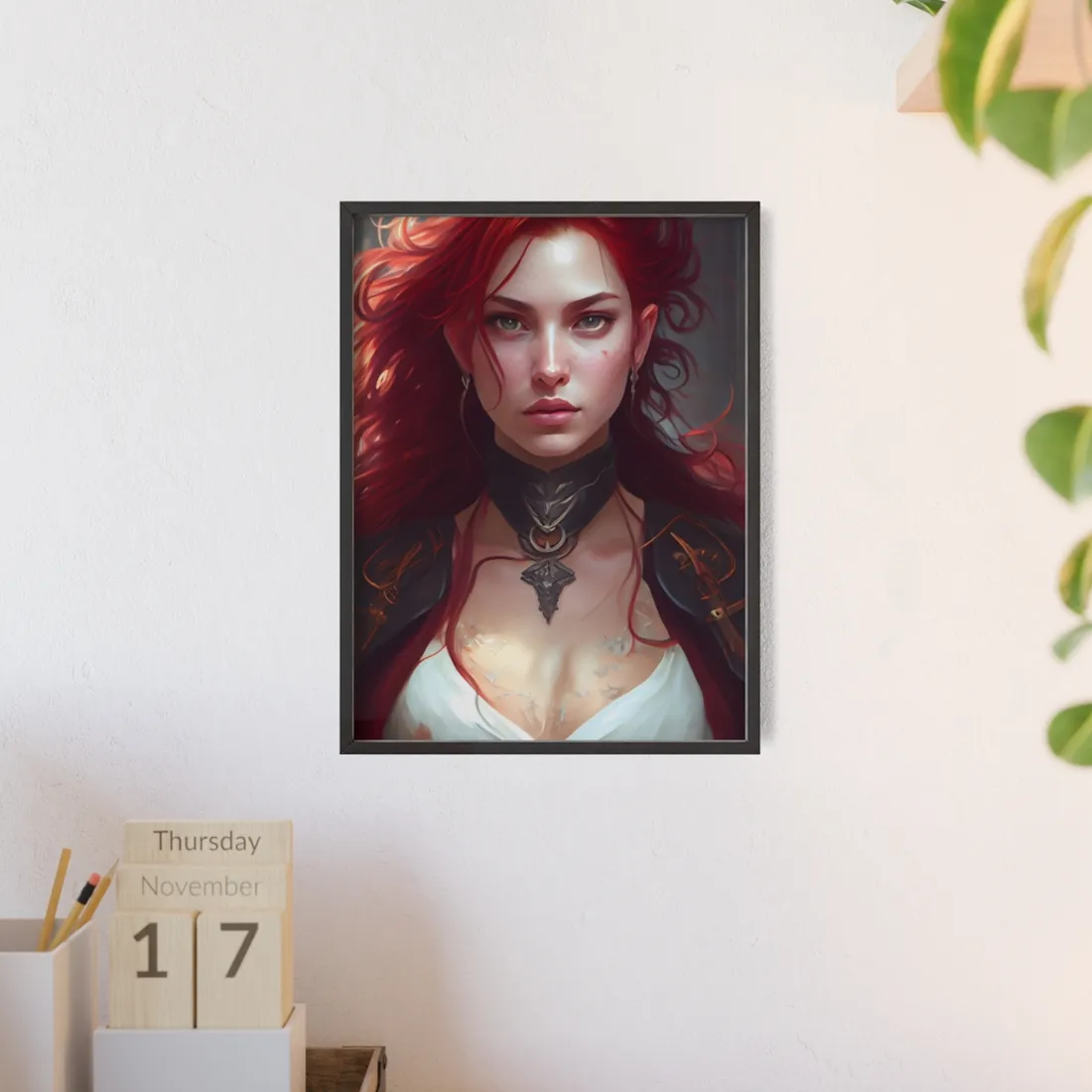 Red Hair Beauty: Elegant Woman in Black - Framed Poster