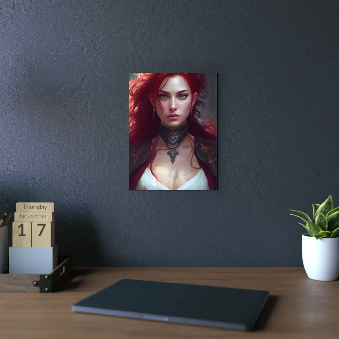 Red Hair Beauty: Elegant Woman in Black - Metal Poster
