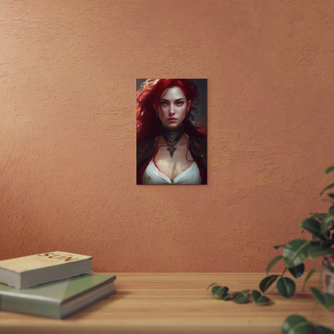 Red Hair Beauty: Elegant Woman in Black - Metal Poster