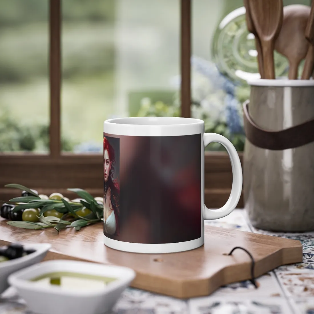 Red Hair Beauty: Elegant Woman in Black - Mug