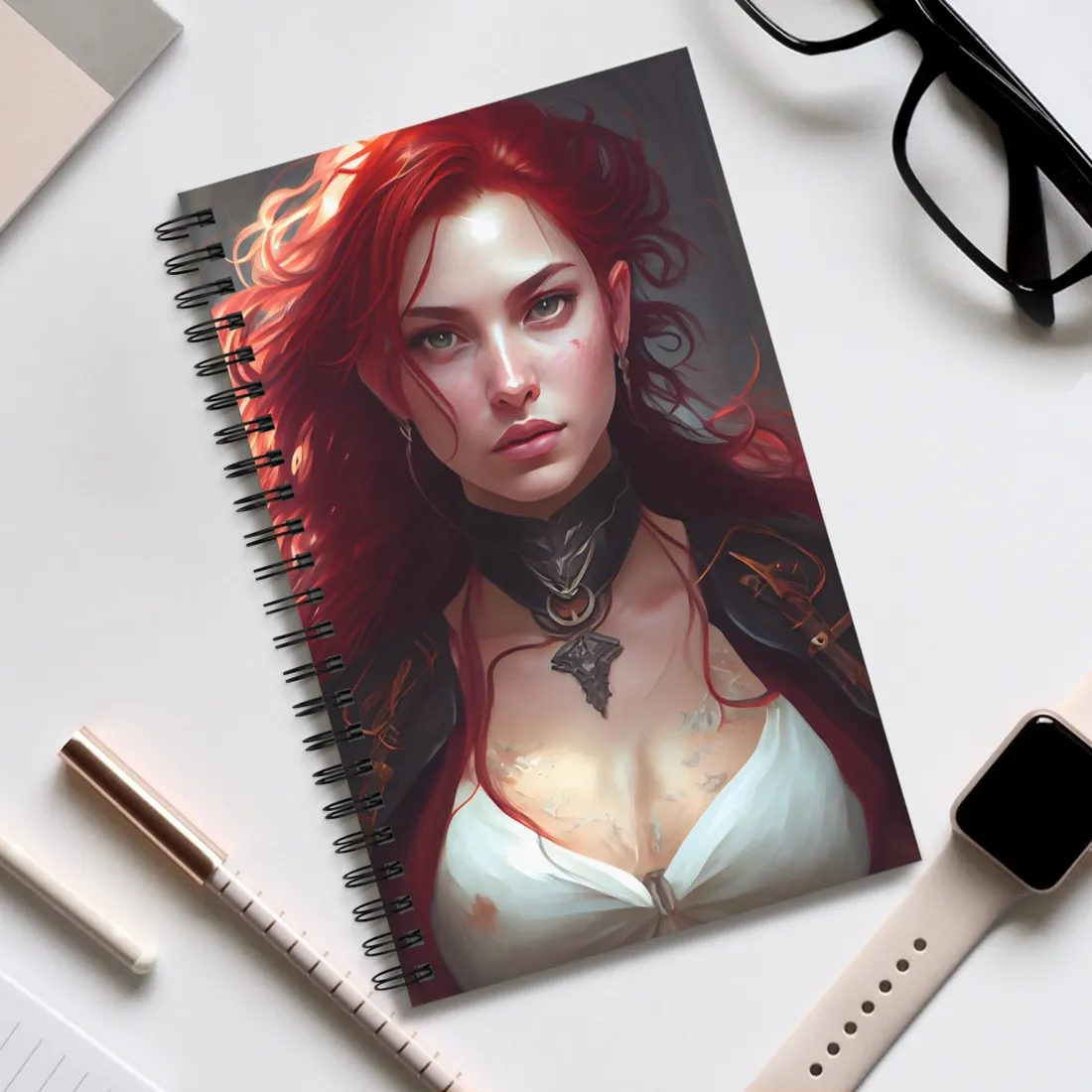 Red Hair Beauty: Elegant Woman in Black - Spiral Notebook