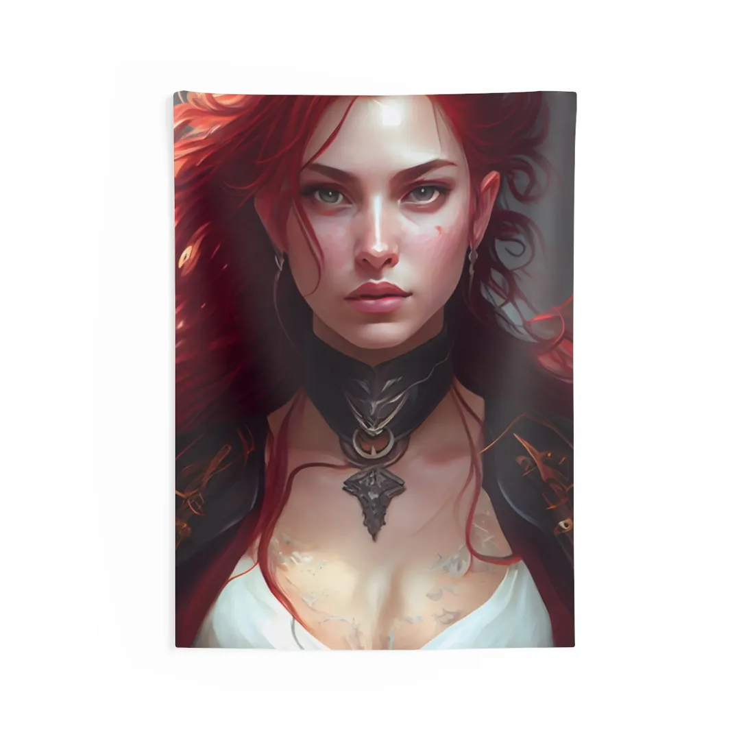 Red Hair Beauty: Elegant Woman in Black - Wall Tapestry