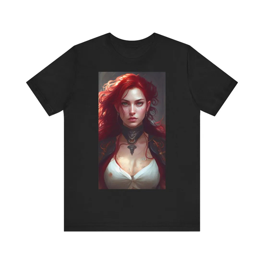 Red Hair Beauty: Elegant Woman in Black - T-Shirt
