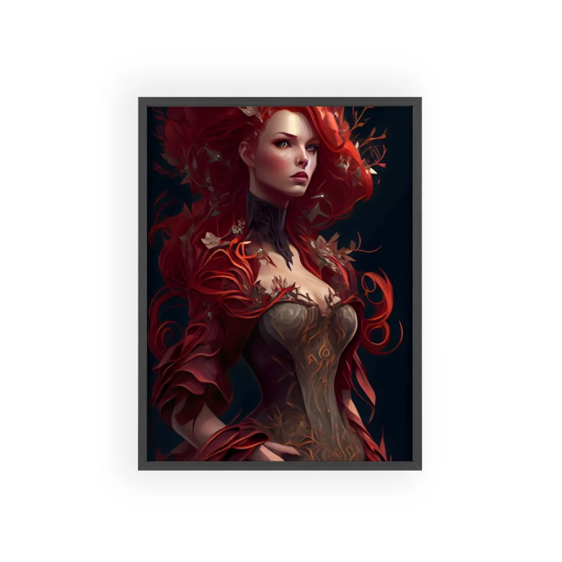 Red Hair Portrait: Elegant Female in Black Dress - Framed Poster