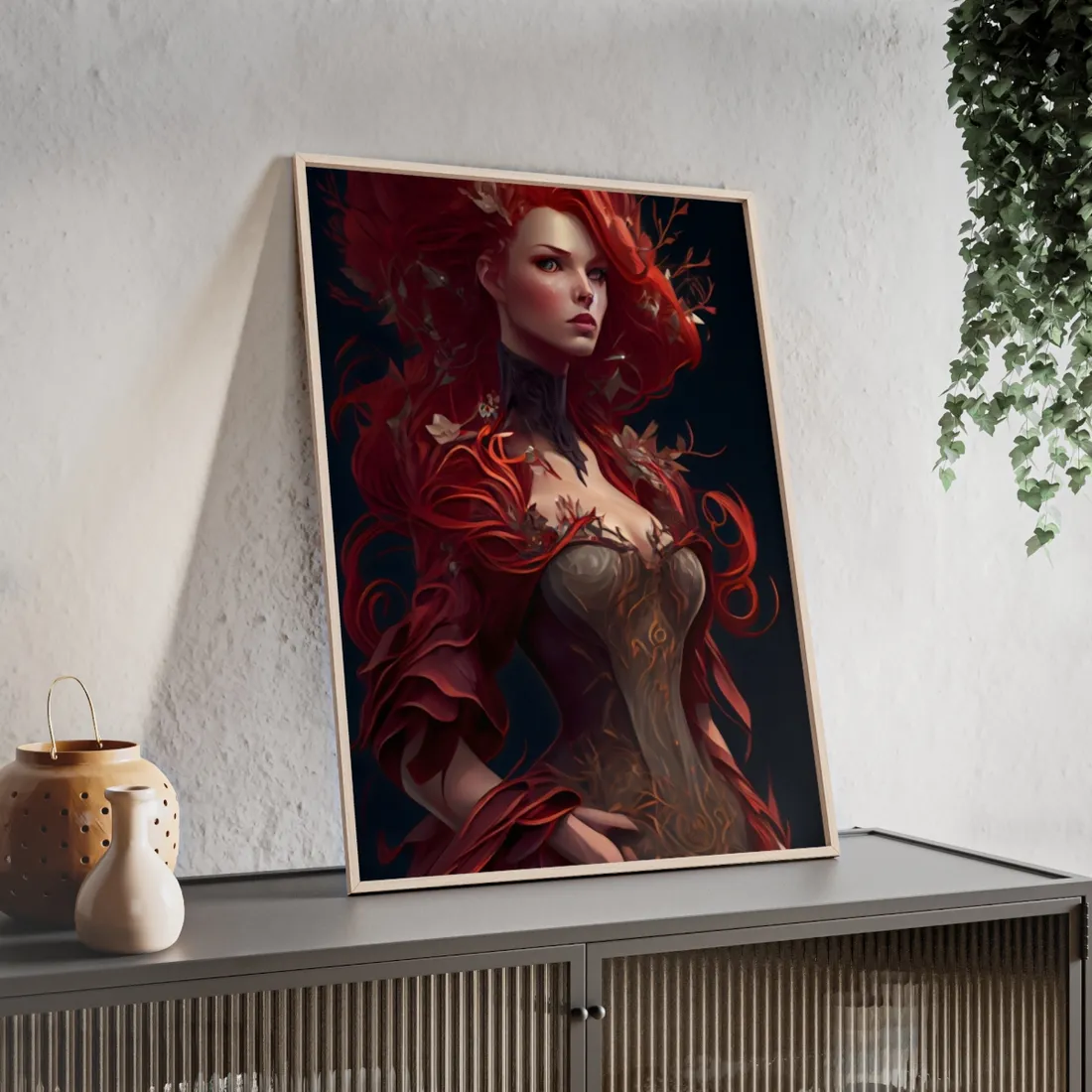Red Hair Portrait: Elegant Female in Black Dress - Framed Poster