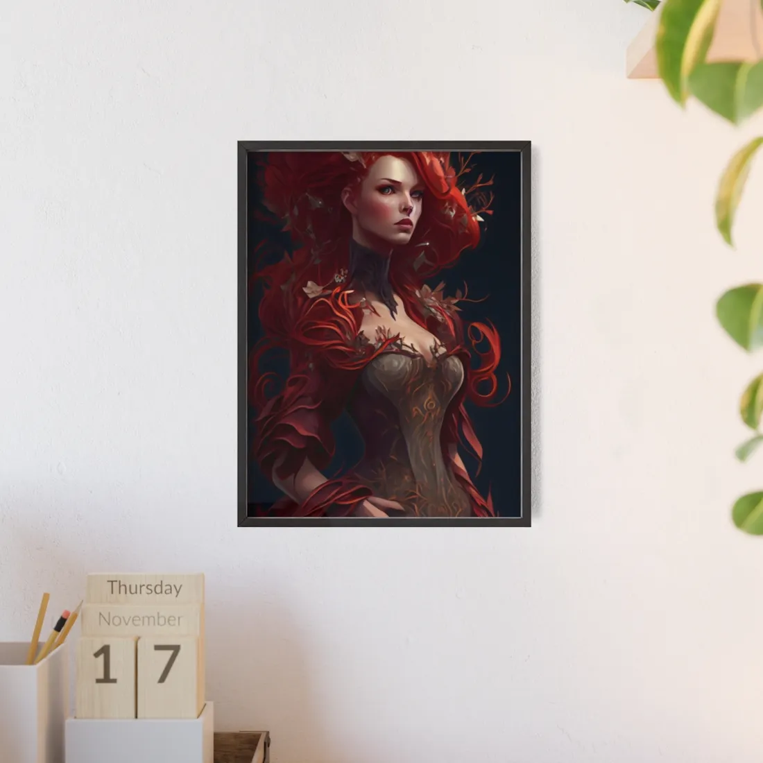 Red Hair Portrait: Elegant Female in Black Dress - Framed Poster
