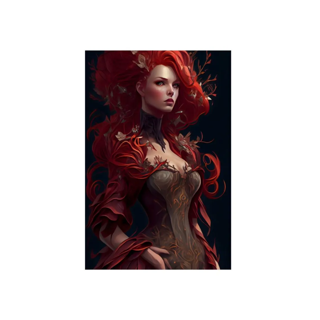 Red Hair Portrait: Elegant Female in Black Dress - Metal Poster