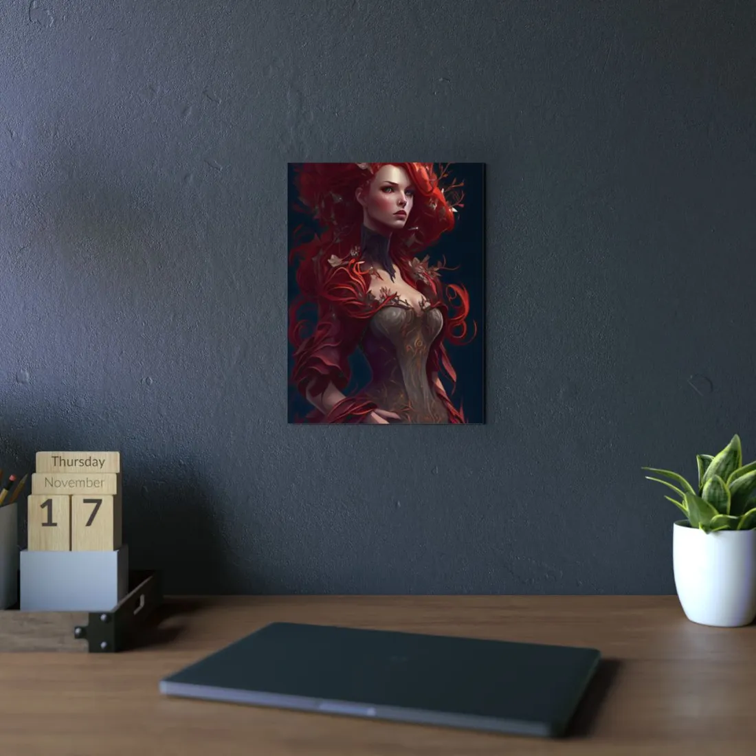 Red Hair Portrait: Elegant Female in Black Dress - Metal Poster