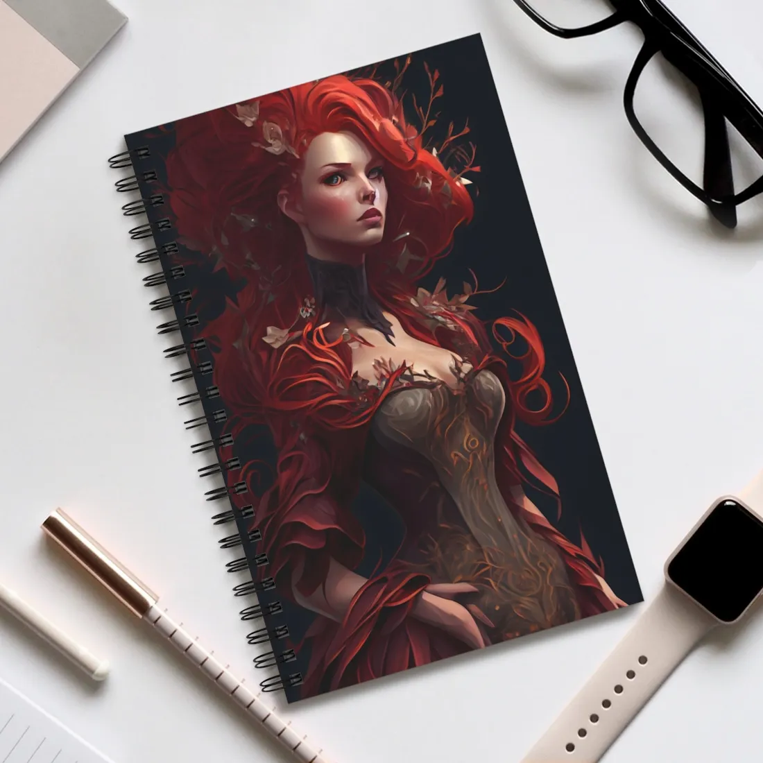 Red Hair Portrait: Elegant Female in Black Dress - Spiral Notebook