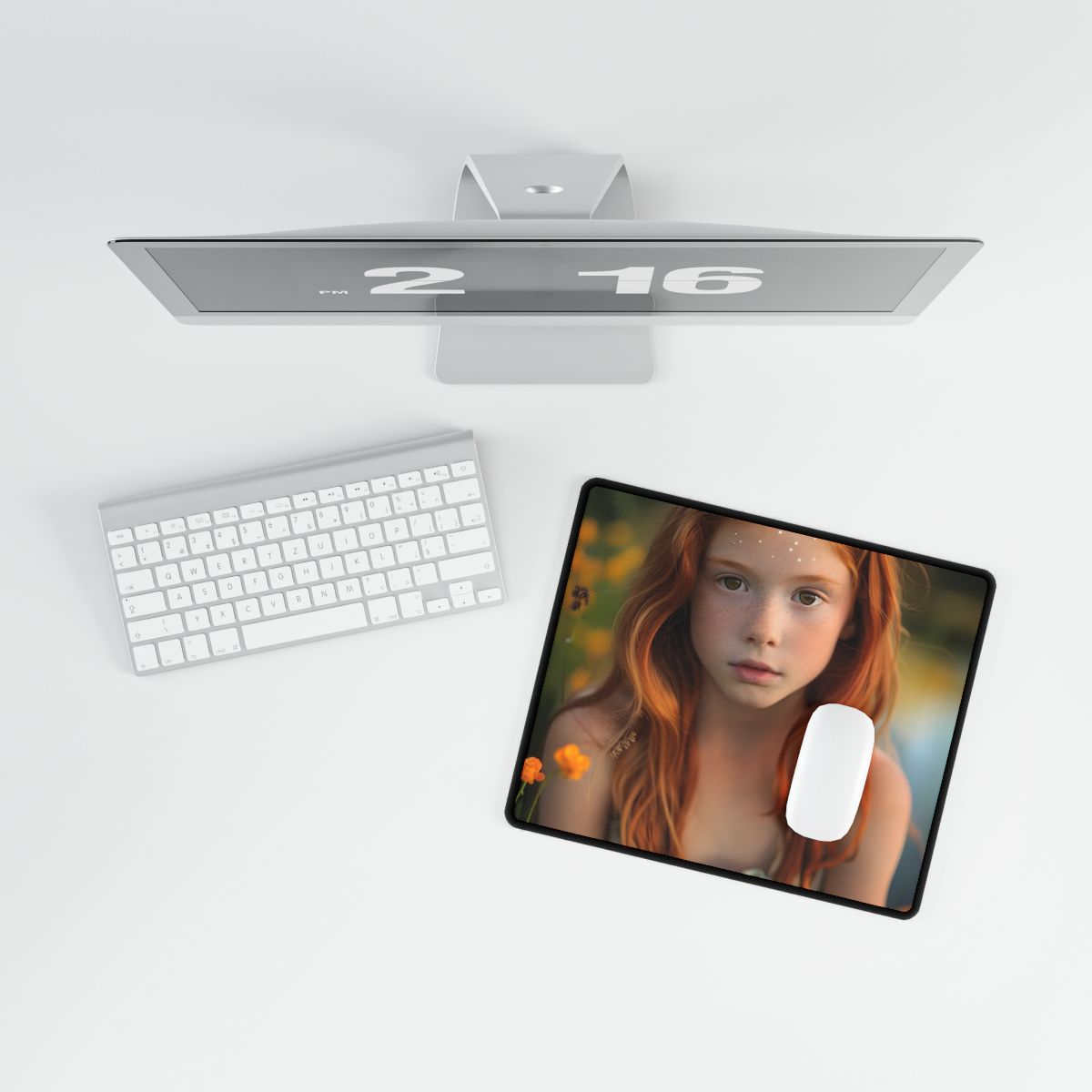 Red Hair, Sparkling Style: Confident Girl in Silver Shine - Desk Mat