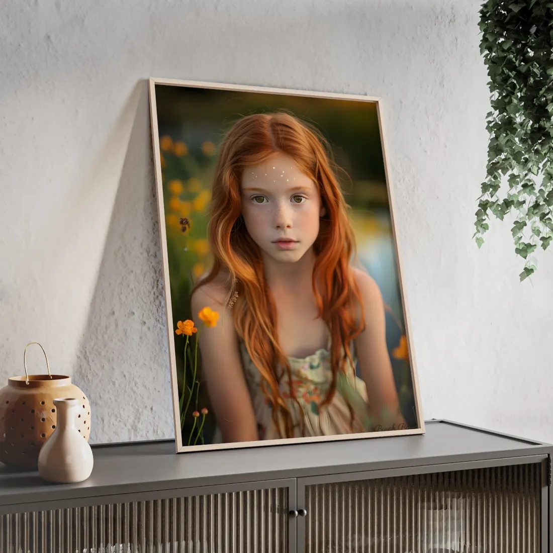 Red Hair, Sparkling Style: Confident Girl in Silver Shine - Framed Poster