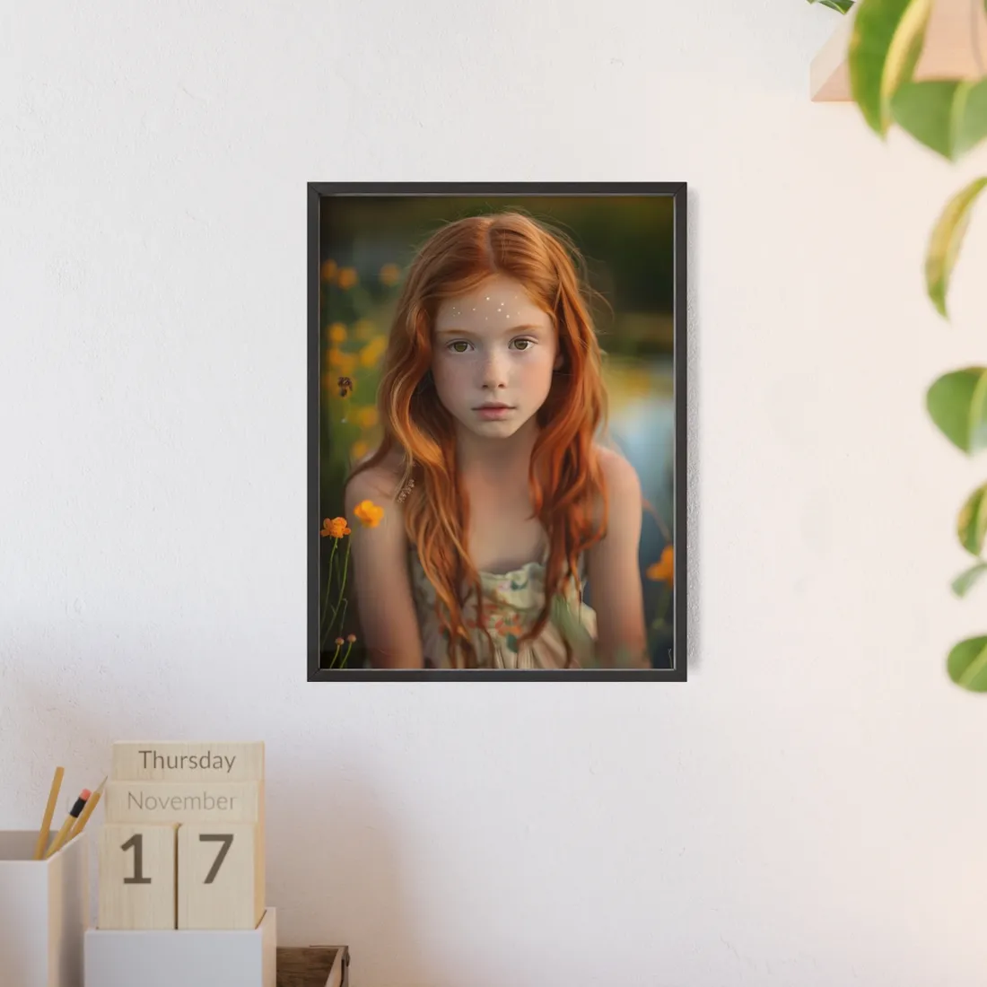 Red Hair, Sparkling Style: Confident Girl in Silver Shine - Framed Poster