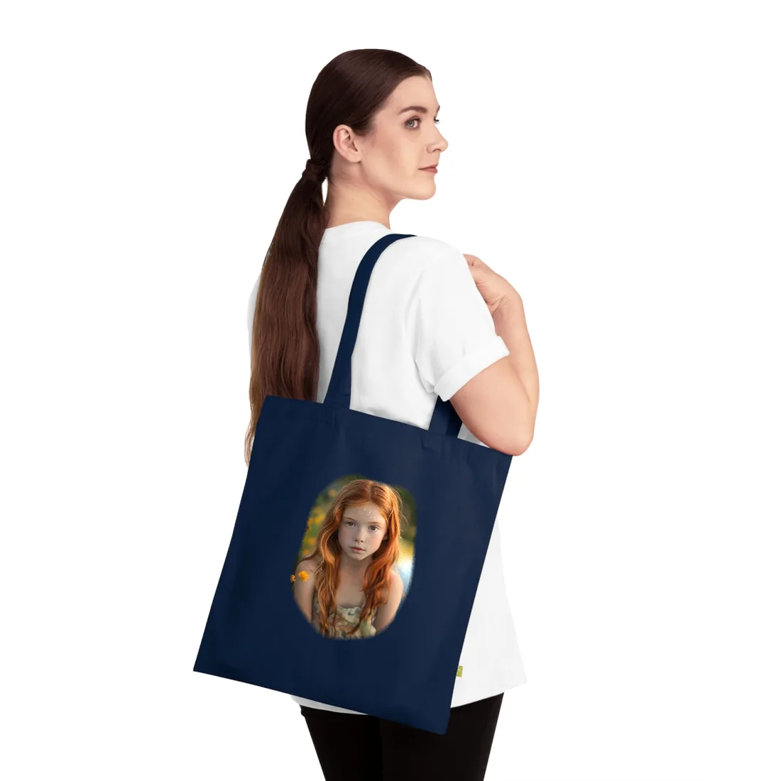 Red Hair, Sparkling Style: Confident Girl in Silver Shine - Tote Bag (French Navy)