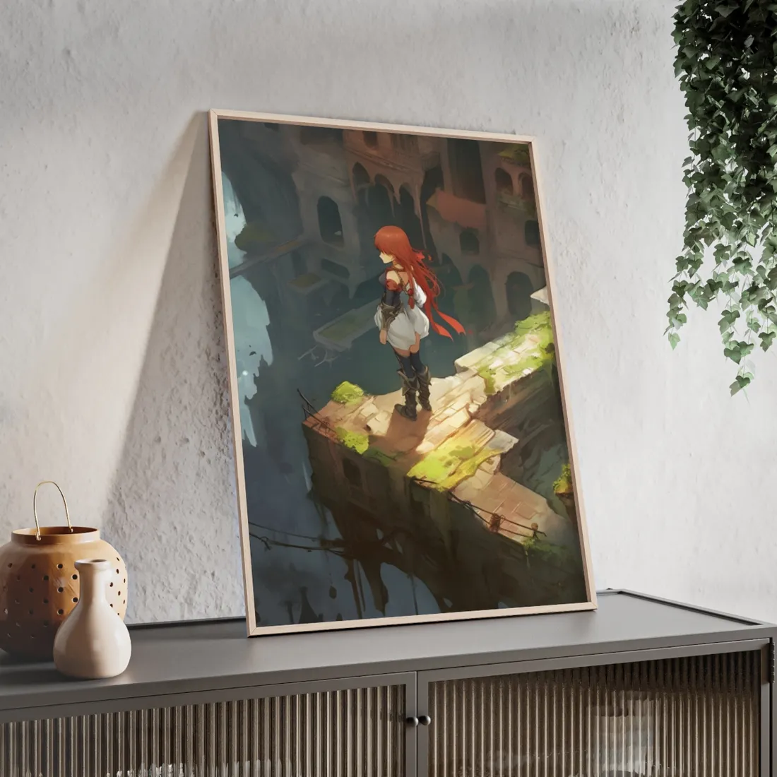 Red-Haired Anime Action: Dynamic Female Hero Art - Framed Poster
