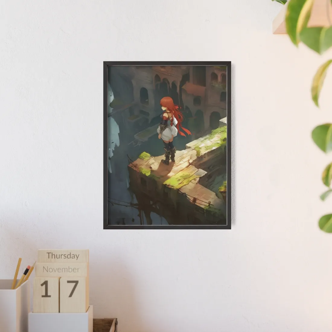 Red-Haired Anime Action: Dynamic Female Hero Art - Framed Poster