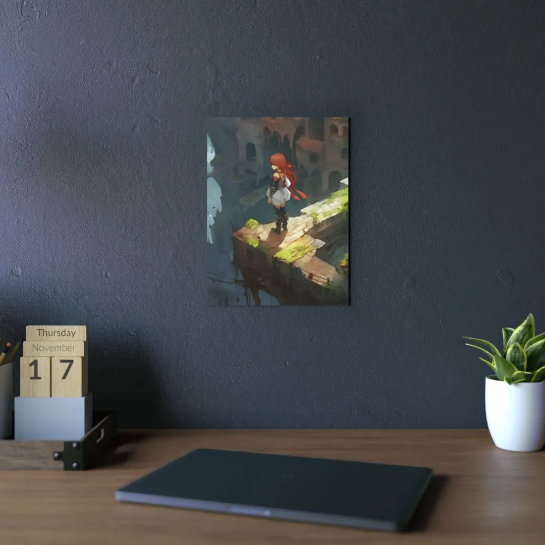 Red-Haired Anime Action: Dynamic Female Hero Art - Metal Poster