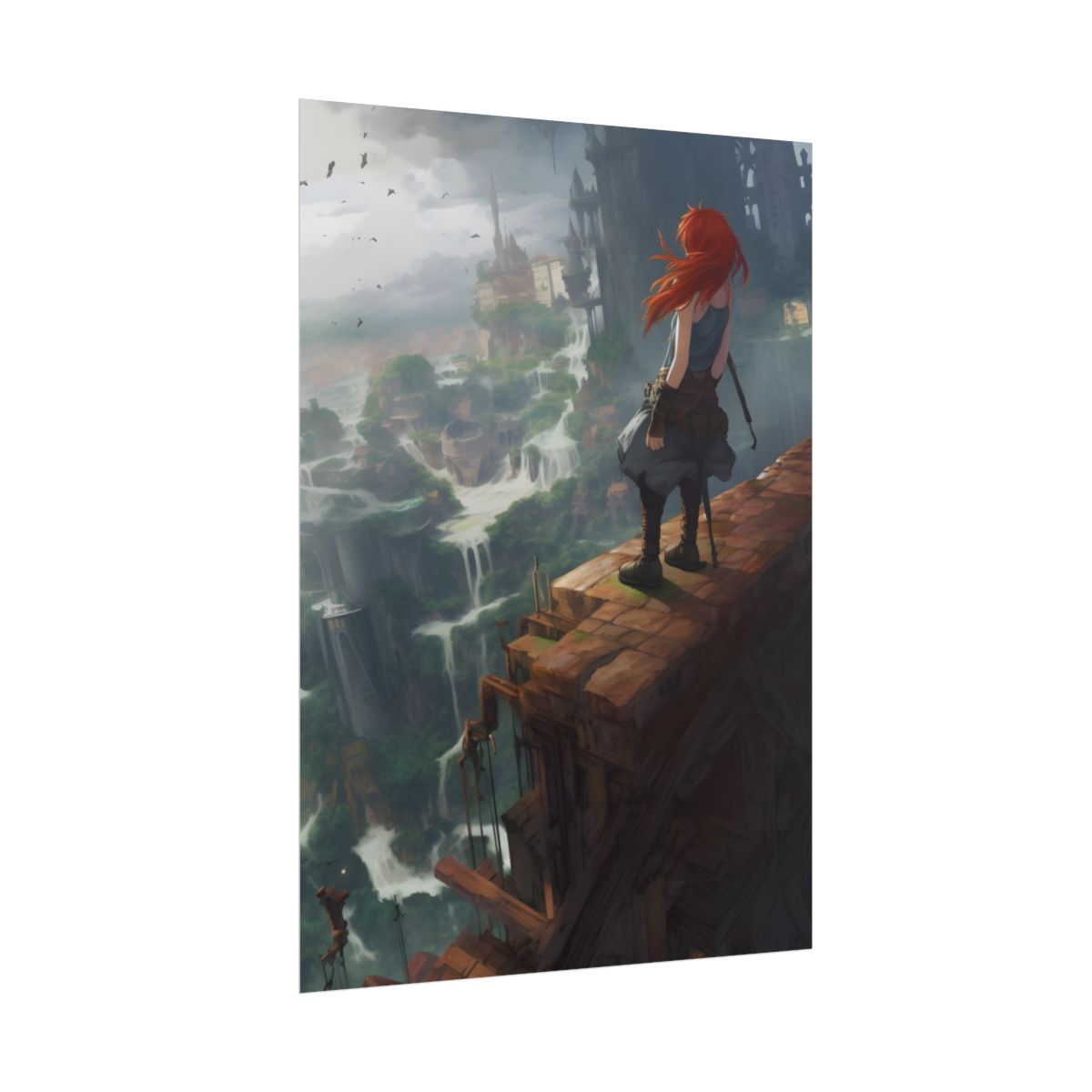 Red Haired Anime Female: Dynamic Birds Eye View Artwork - Poster