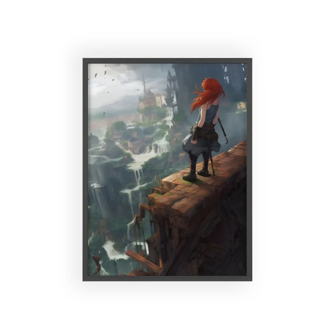 Red Haired Anime Female: Dynamic Birds Eye View - Framed Poster