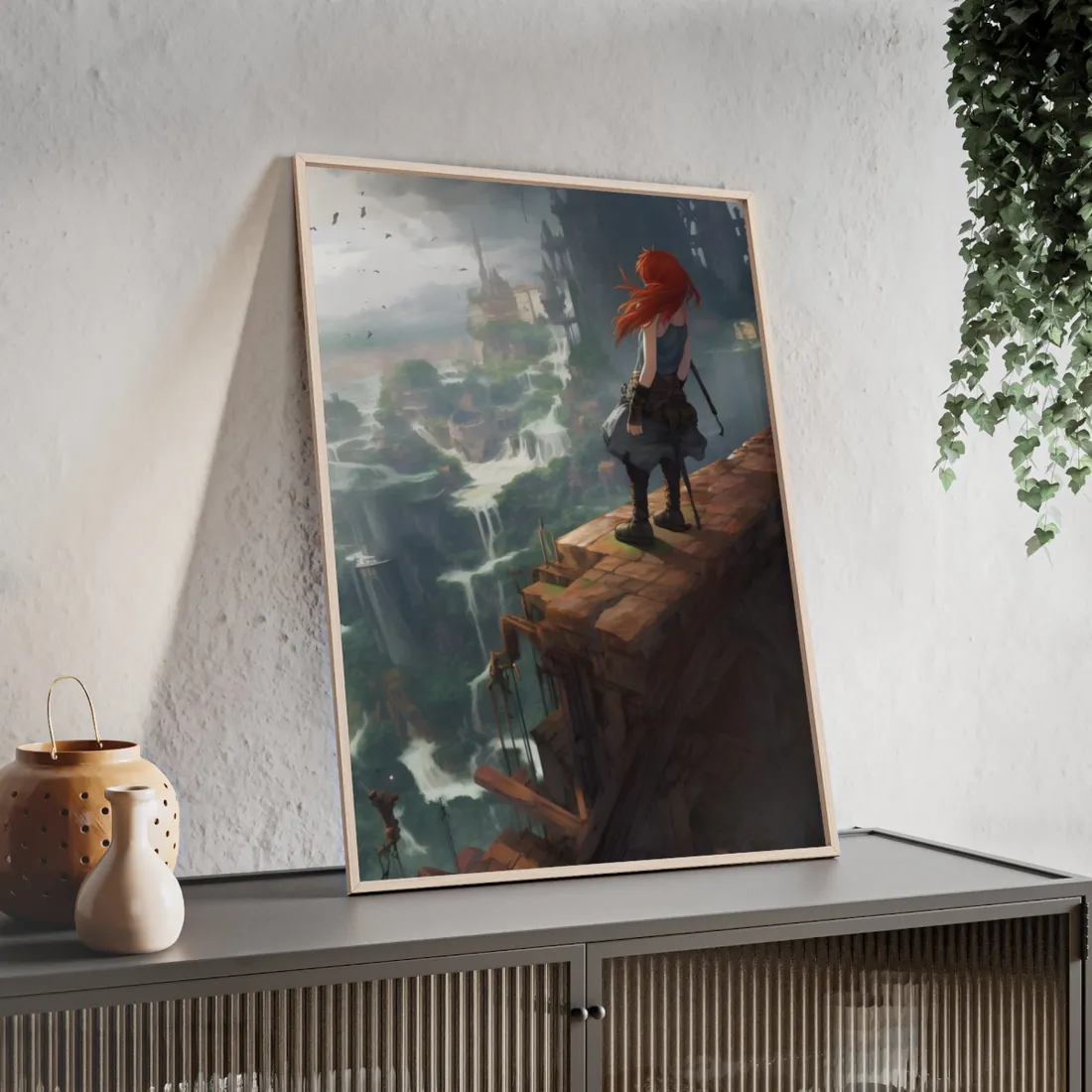 Red Haired Anime Female: Dynamic Birds Eye View - Framed Poster