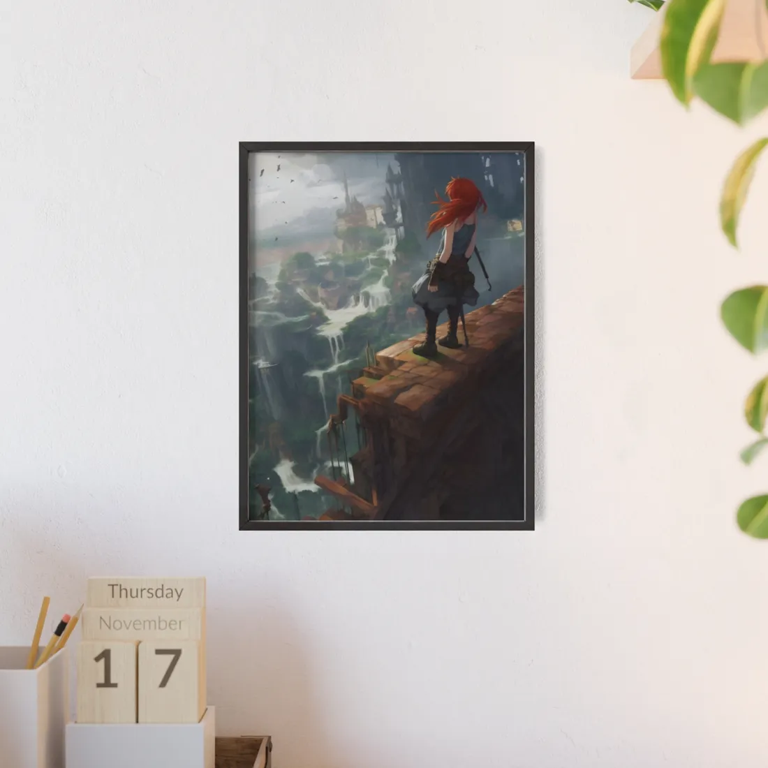 Red Haired Anime Female: Dynamic Birds Eye View - Framed Poster