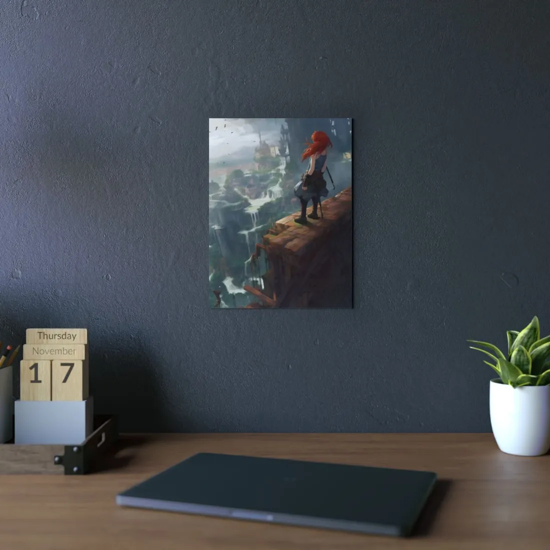 Red Haired Anime Female: Dynamic Birds Eye View - Metal Poster