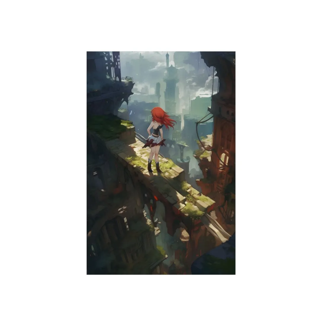 Red-Haired Anime Girl on a Ruined Bridge - Metal Poster