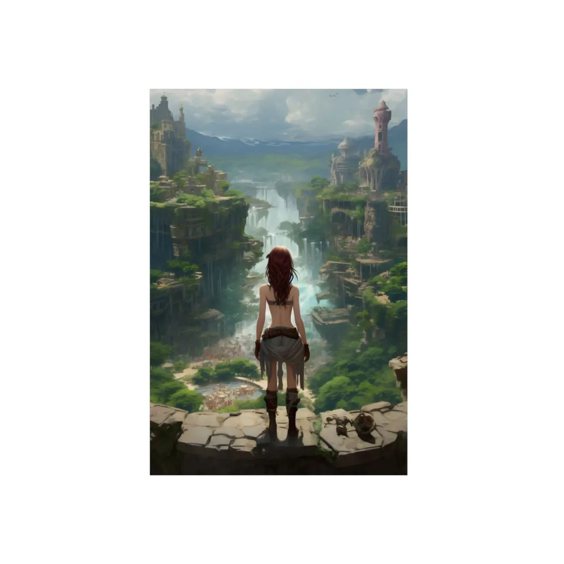 Red-Haired Anime Girl Overlooking Green Waterfall Valley - Metal Poster