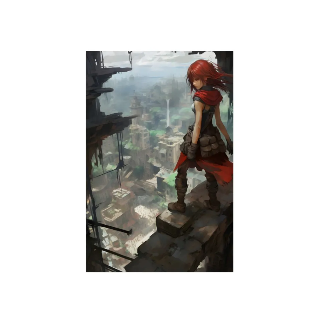 Red-Haired Anime Heroine Overlooking Waterfall Valley Ruins - Metal Poster