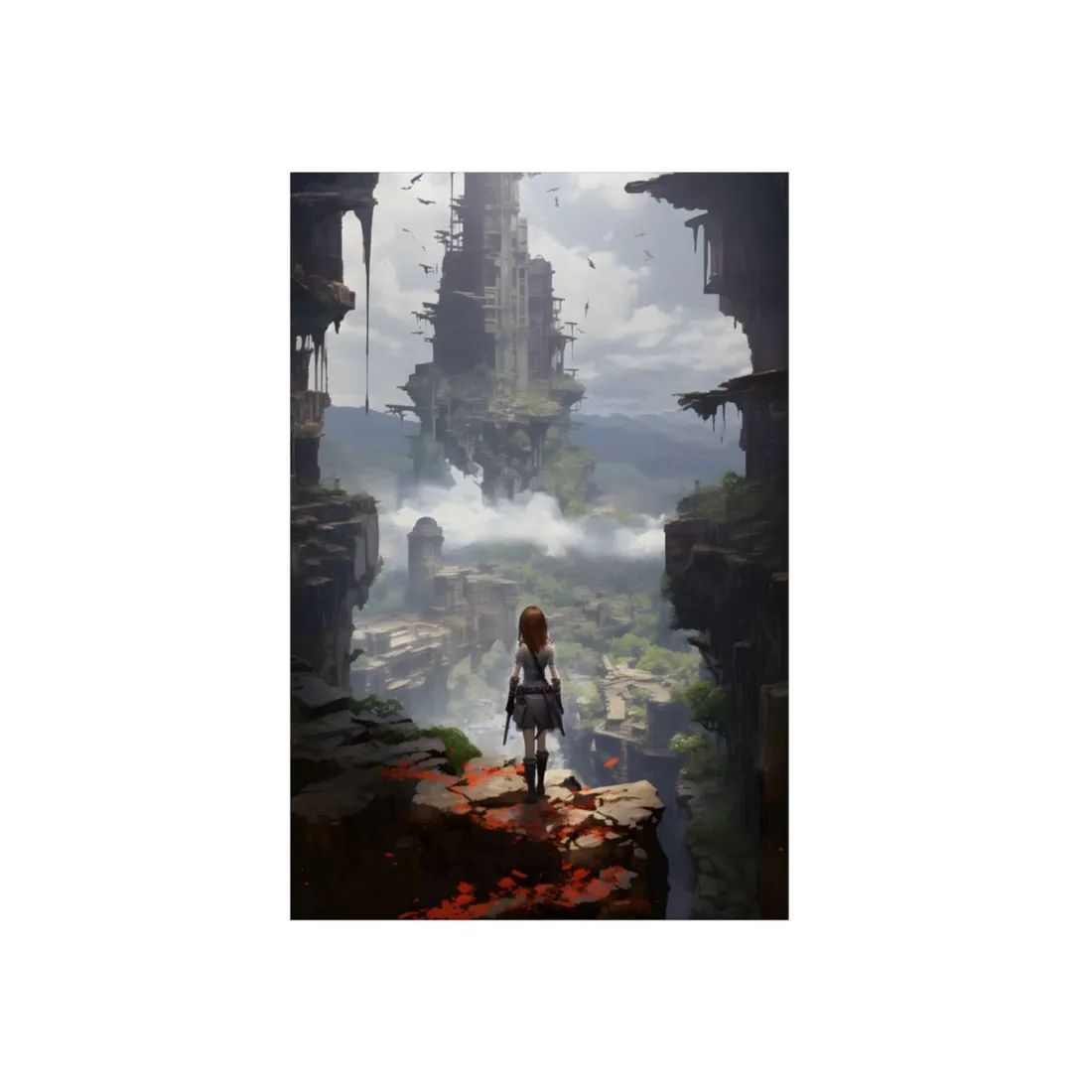 Red-Haired Anime Warrior Overlooking Floating Ruins - Metal Poster