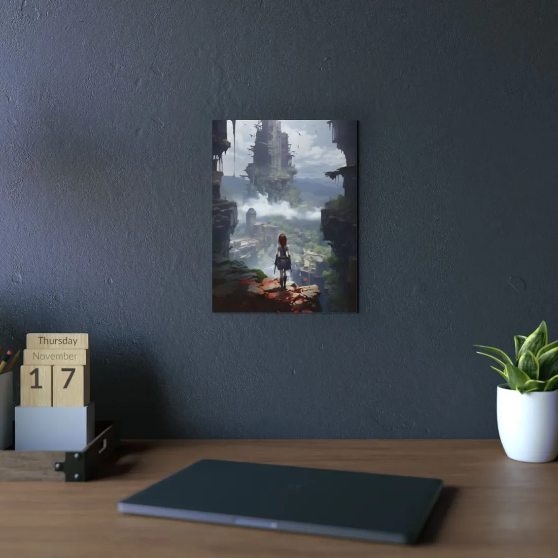 Red-Haired Anime Warrior Overlooking Floating Ruins - Metal Poster