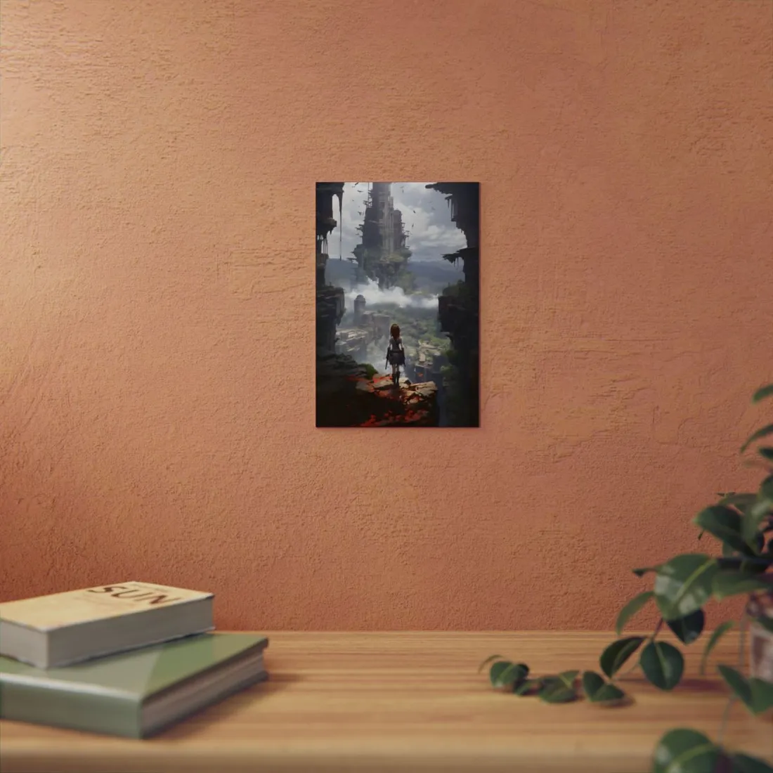 Red-Haired Anime Warrior Overlooking Floating Ruins - Metal Poster