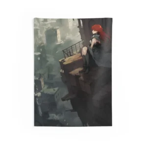 Red-Haired Girl Overlooking City Wall Tapestry