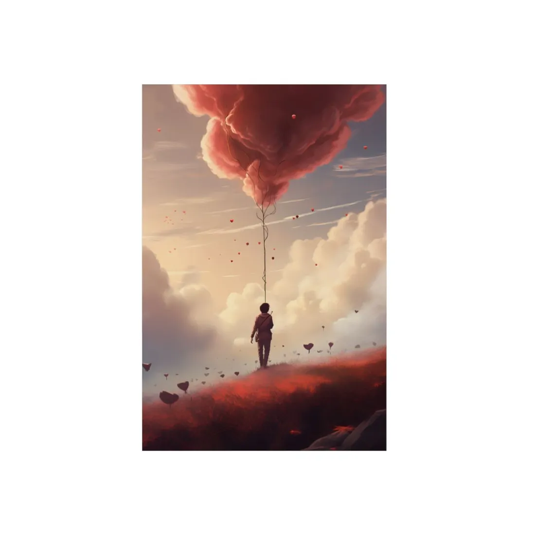 Red Heart Balloon in the Clouds: Boy Looking Up - Metal Poster
