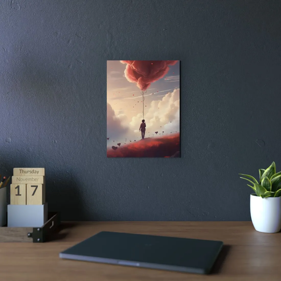 Red Heart Balloon in the Clouds: Boy Looking Up - Metal Poster