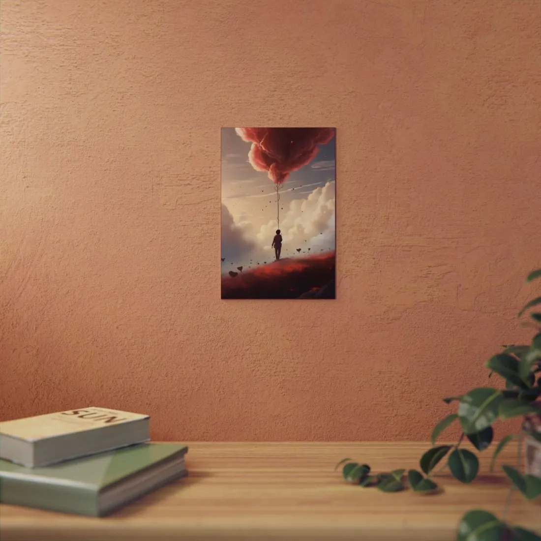 Red Heart Balloon in the Clouds: Boy Looking Up - Metal Poster