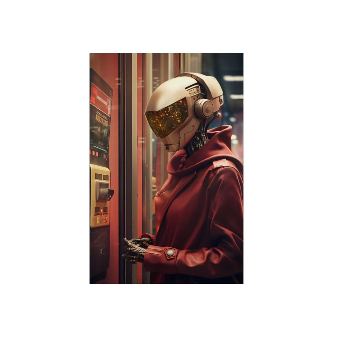 Red Hood Hacker: Cyberpunk Night Terminal Scene - Metal Poster