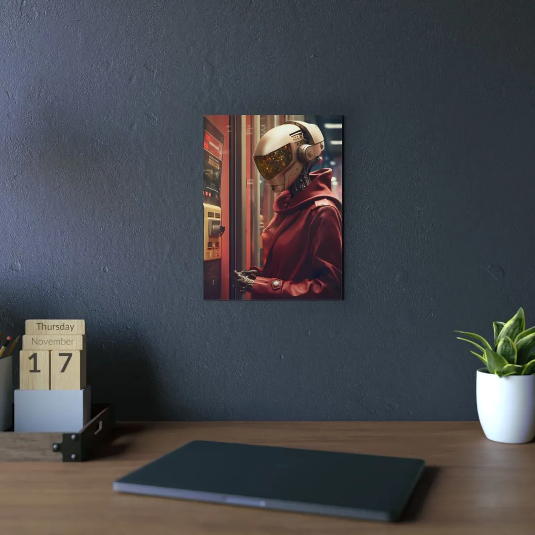 Red Hood Hacker: Cyberpunk Night Terminal Scene - Metal Poster