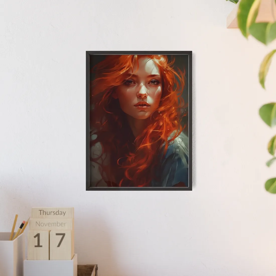 Redhead Female Portrait: Realistic - Framed Poster