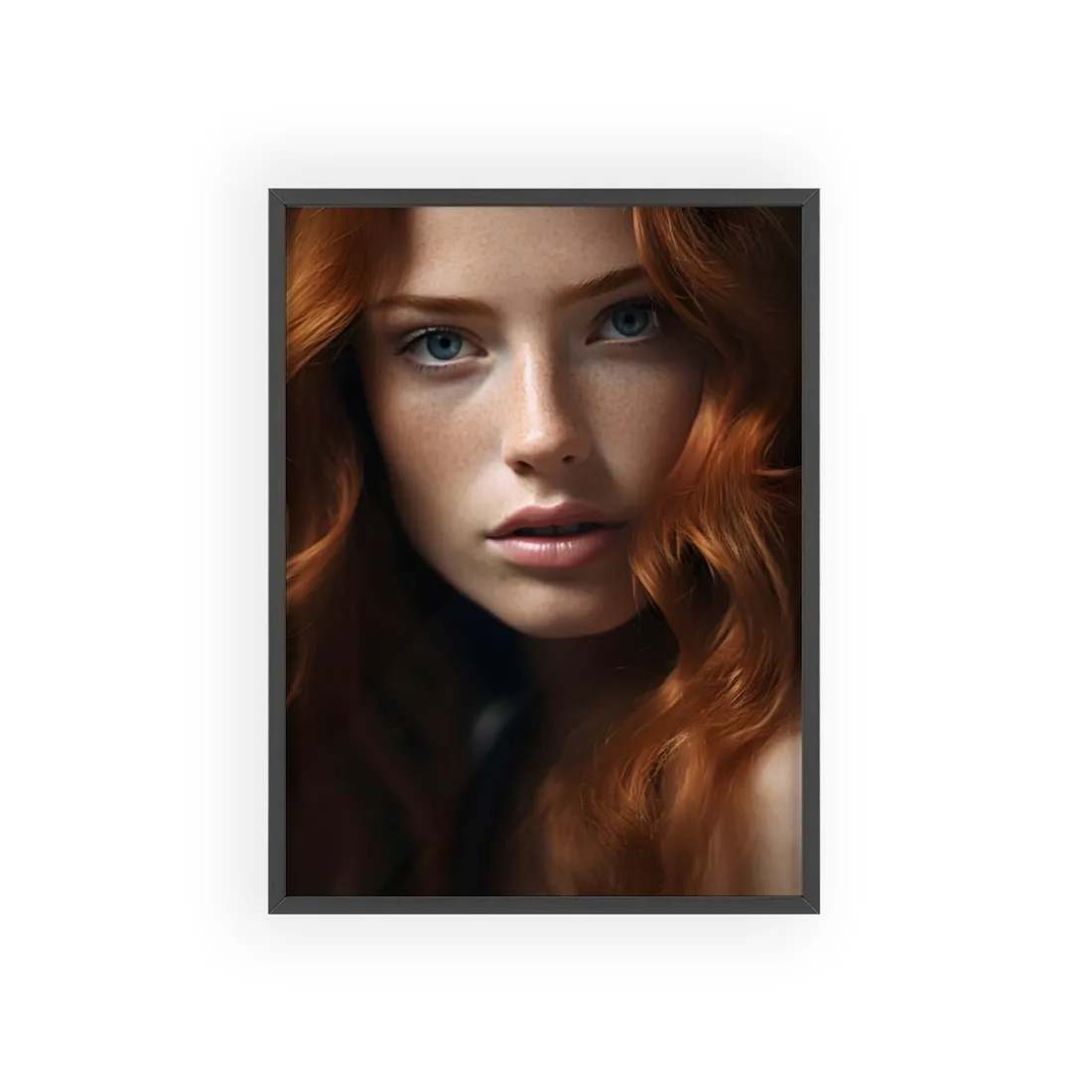 Redhead Woman Portrait: Fair Skin and Dark Hair - Framed Poster