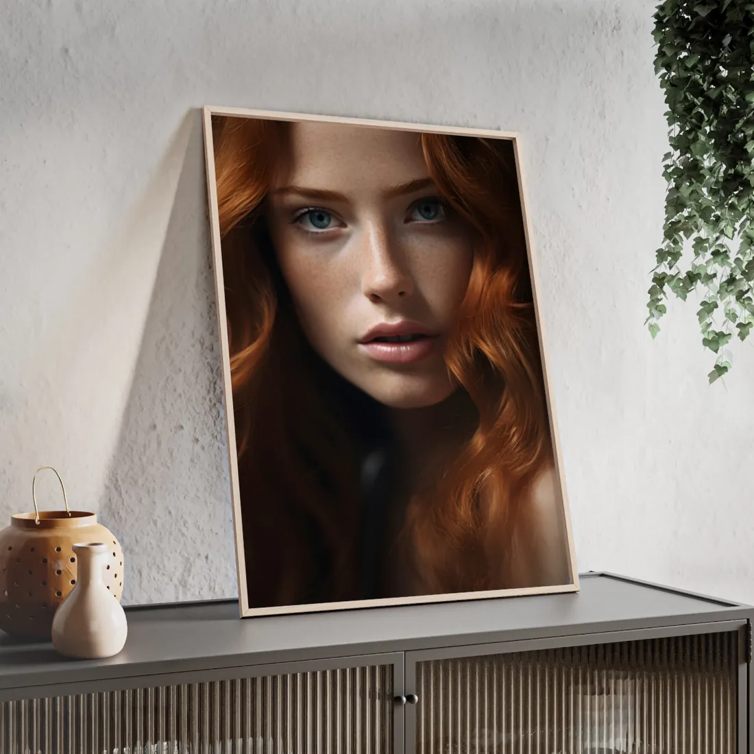 Redhead Woman Portrait: Fair Skin and Dark Hair - Framed Poster