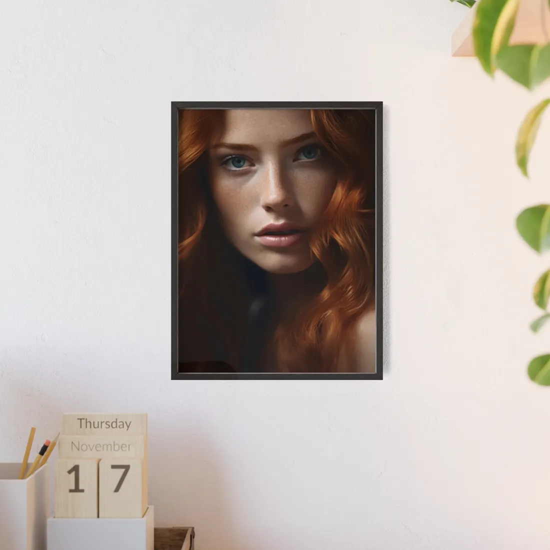 Redhead Woman Portrait: Fair Skin and Dark Hair - Framed Poster