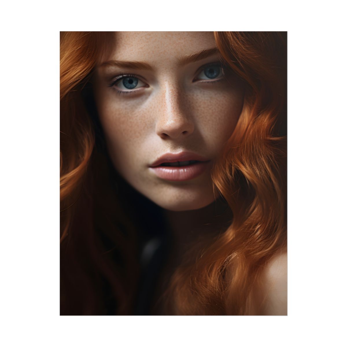 Redhead Woman Portrait: Fair Skin and Dark Hair - Poster