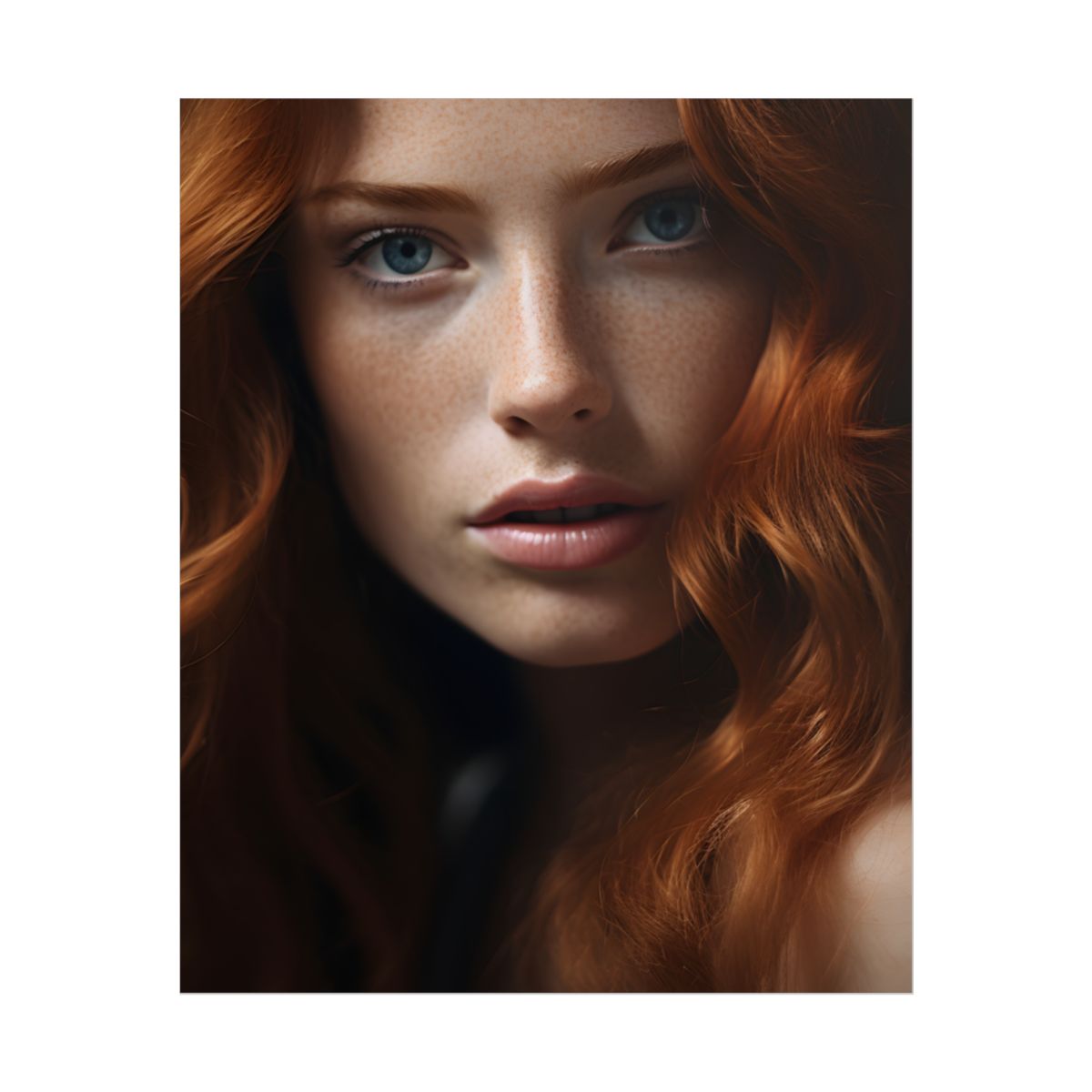 Redhead Woman Portrait: Fair Skin and Dark Hair - Poster