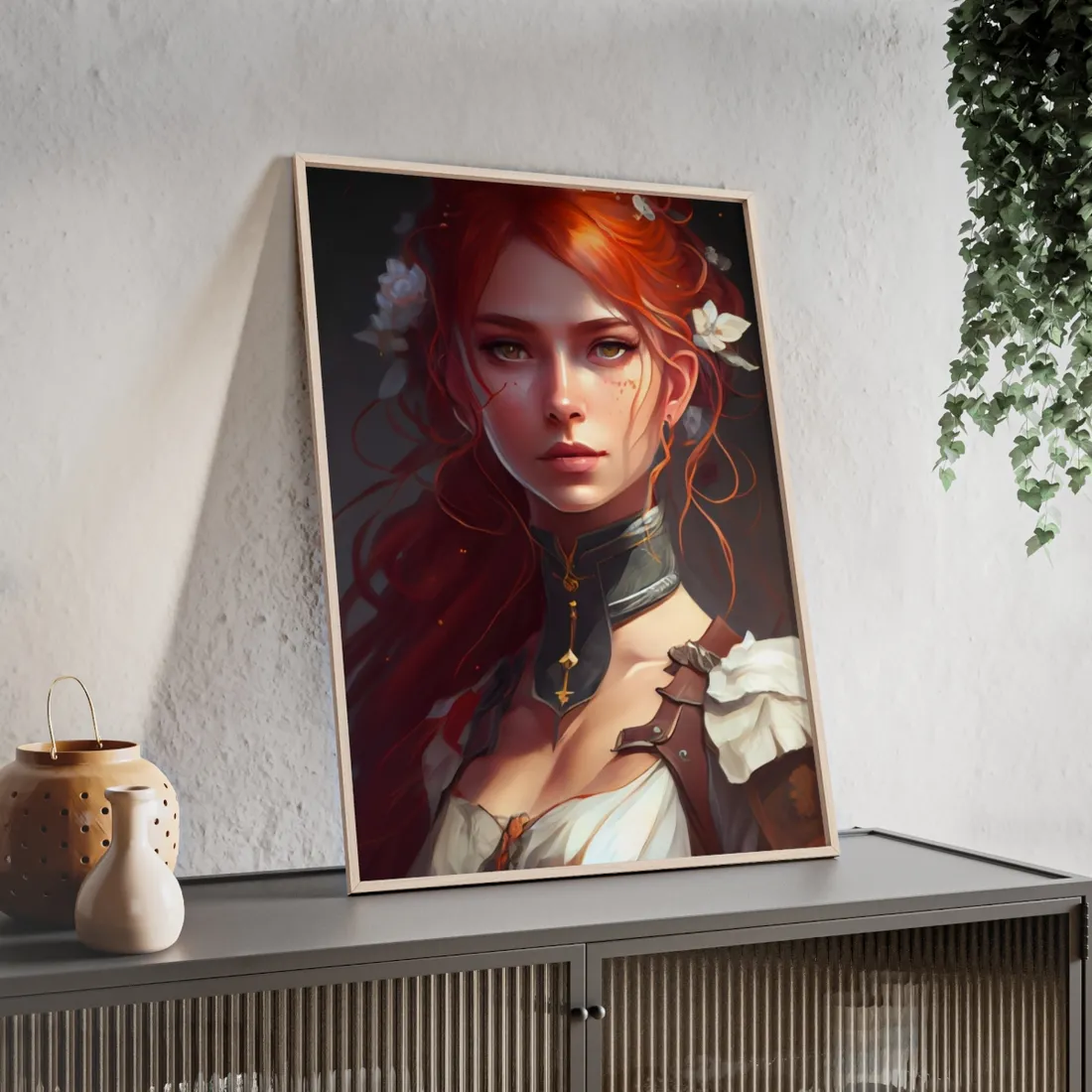 Redheaded Beauty: Formal Portrait in Dark Dress - Framed Poster