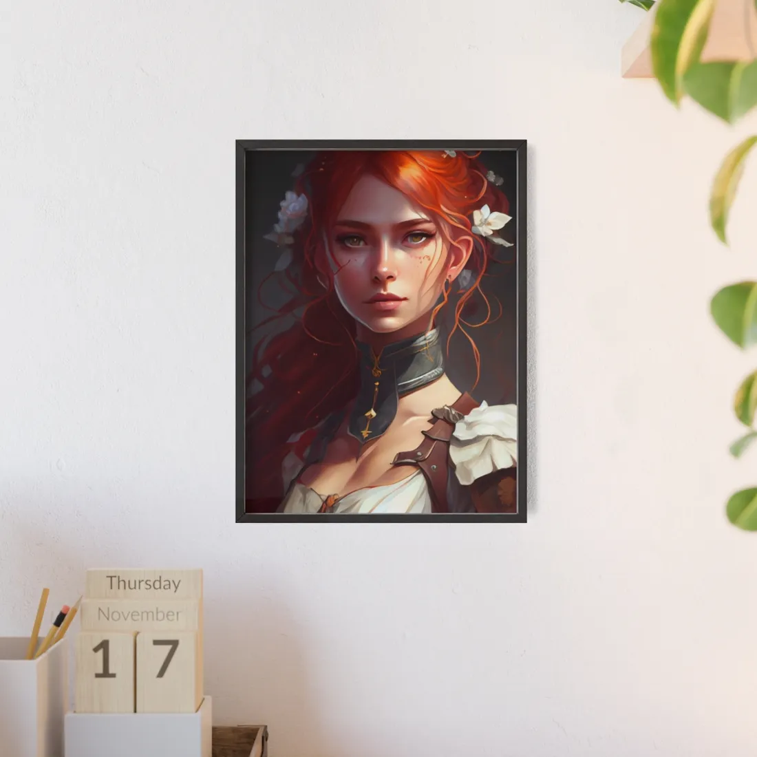 Redheaded Beauty: Formal Portrait in Dark Dress - Framed Poster