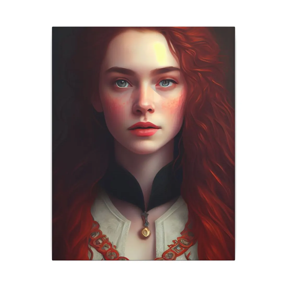 Redheaded Beauty in Red: Elegant Portrait Art - Canvas