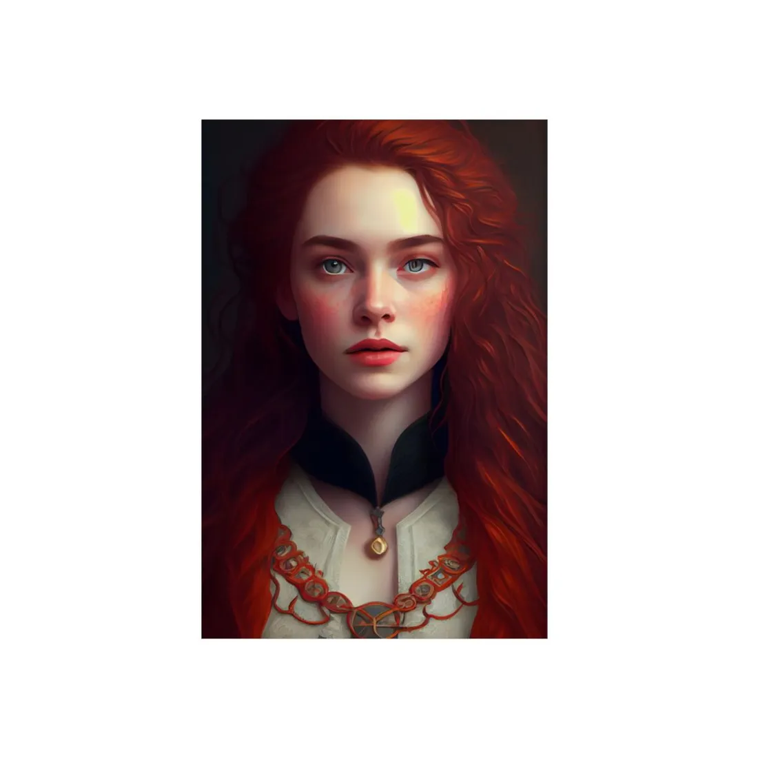 Redheaded Beauty in Red: Elegant Portrait Art - Metal Poster