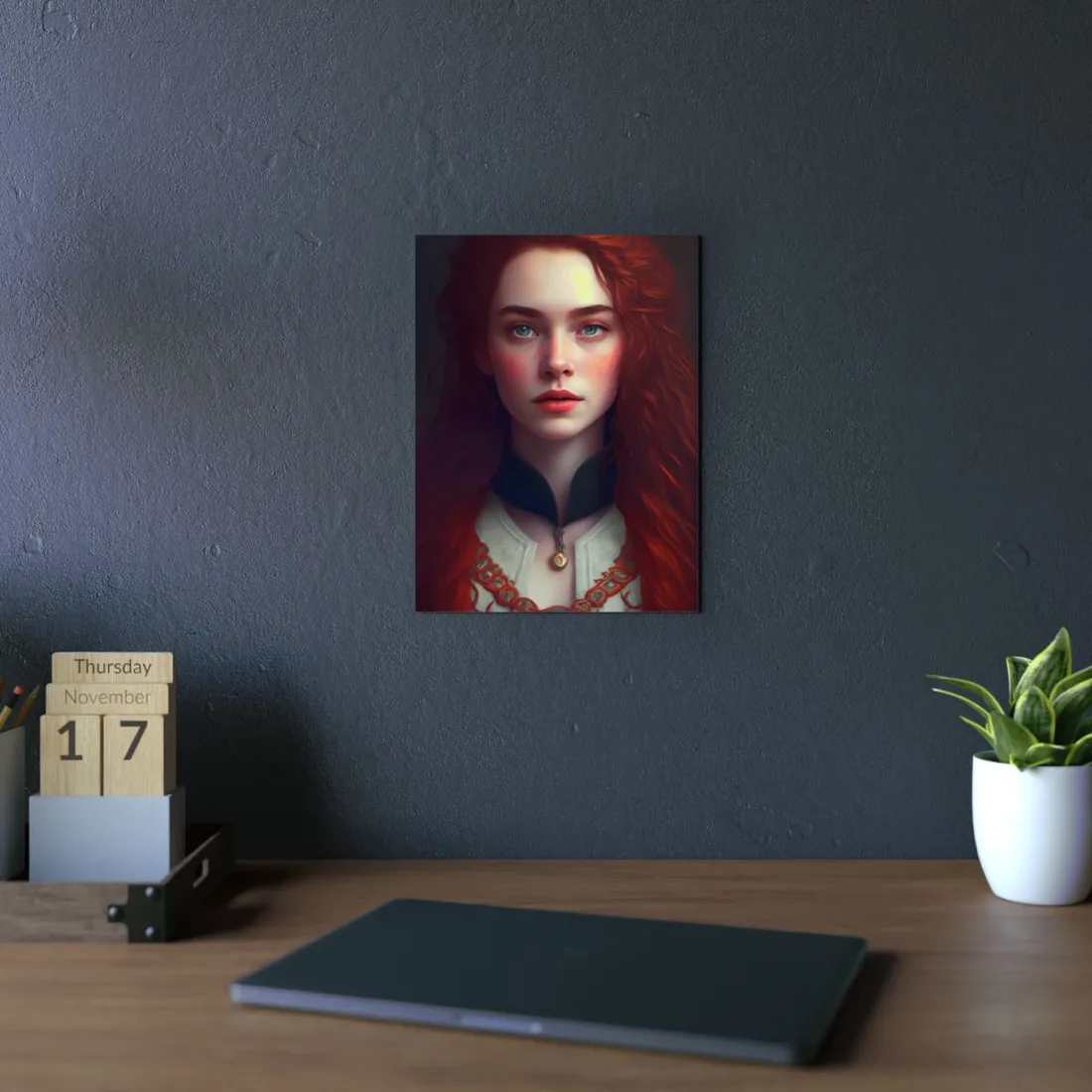 Redheaded Beauty in Red: Elegant Portrait Art - Metal Poster