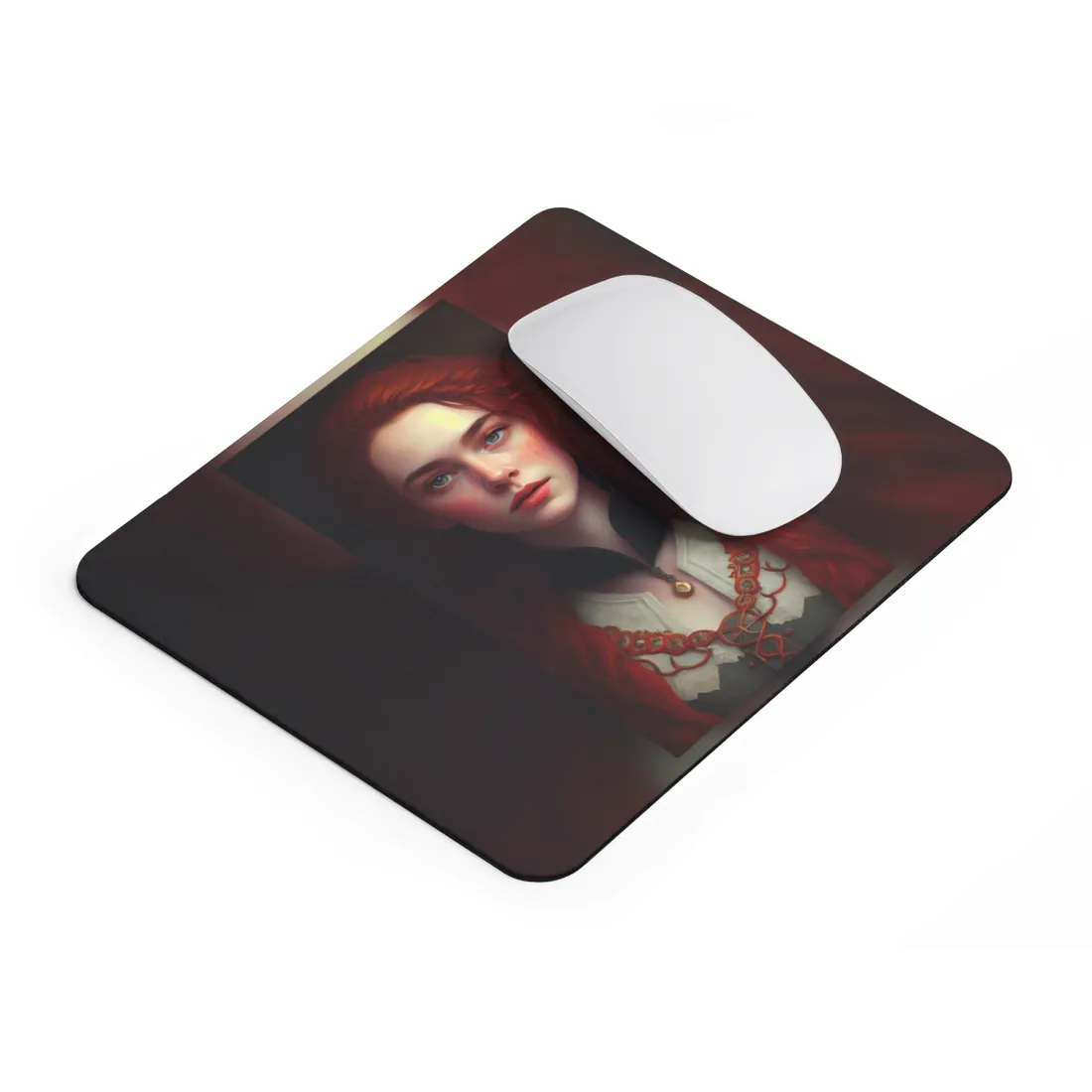 Redheaded Beauty in Red: Elegant Portrait Art - Mouse Pad